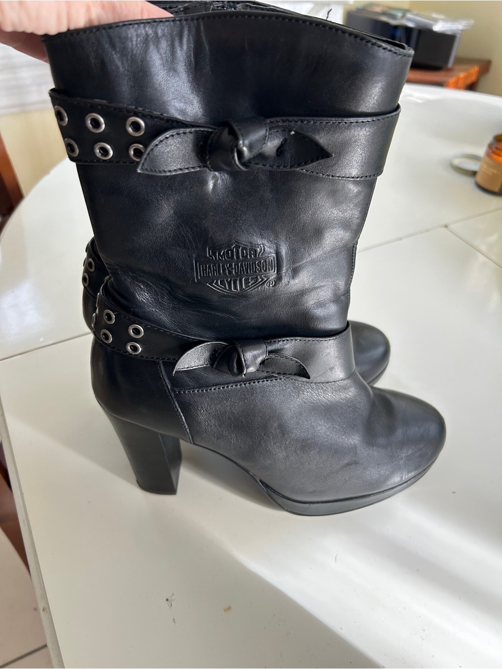 Harley-Davidson Black Leather Mid-Calf Heeled Boots with Grommet Strap
